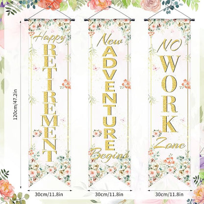 3Pcs Retirement Porch Sign Door Hanging Banner Floral Happy Retirement Banner - Image 2