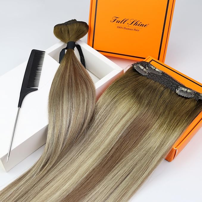 Full Shine Clip in Hair Extensions Ombre Dark Brown Roots Brown Mix Blonde Hair Extension Real Human Hair 20 Inch Hair Extensions Clip ins for Women Straight Natural Hair 3 PCS 60 G