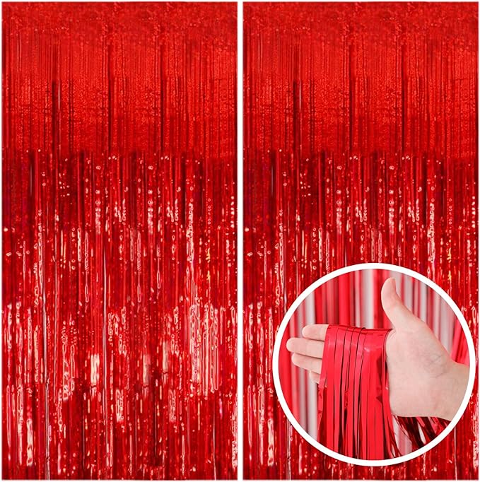 2 Pack Red Streamers Party Backdrop Christmas Decorations Foil Fringe Backdrop by BOMSI