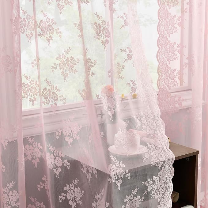 Kotile Pink Lace Curtains for Girls Bedroom Rustic Floral 2 * 42x84 Inch | Rod by Kotile+Curtains