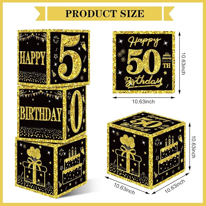 Eiurteao 3pcs Black Gold 50th Birthday Decorations Boxes - Image 4