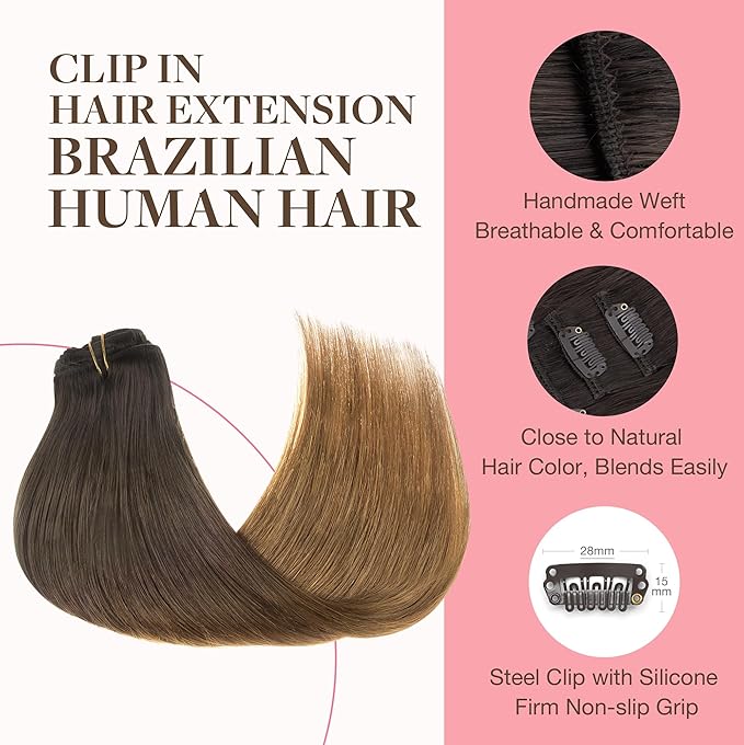 GOO GOO Clip in Hair Extensions Real Human Hair, Remy Human Hair Extensions Clip ins for Women, Natural Human Hair, 16inch 120g 7Pcs, 1D/2C/4E Chocolate Dip Color Melt