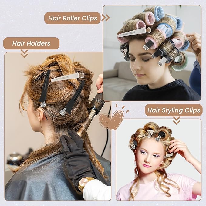 Hair Clips for Styling - 6 pcs No Crease Hair Clips for Women - Non Slip Duck Billed Hair Roller Clips with Silicone Band - Salon Hair Sectioning Clips Black White