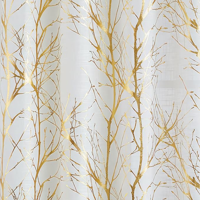 FMFUNCTEX Linen Gold White Semi Sheer Print Curtains 54 Inch Long 2 Panels | - Image 8