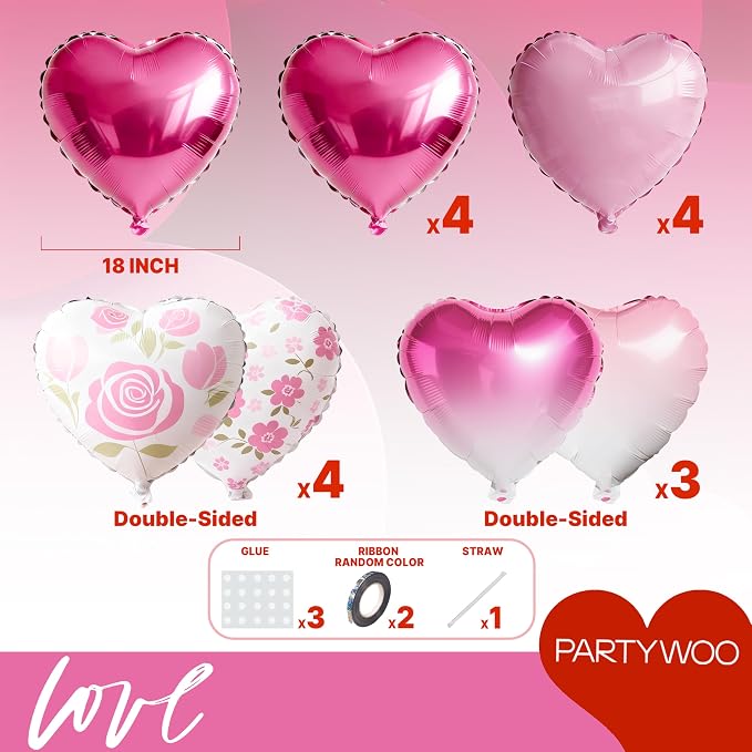 PartyWoo Pink White Rose Hot Pink White Heart Foil 15pcs Balloons 18 Inch | - Image 6
