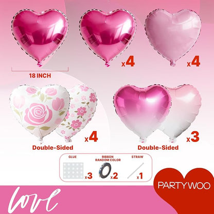 PartyWoo Pink White Rose Hot Pink White Heart Foil 15pcs Balloons 18 Inch | - Image 6