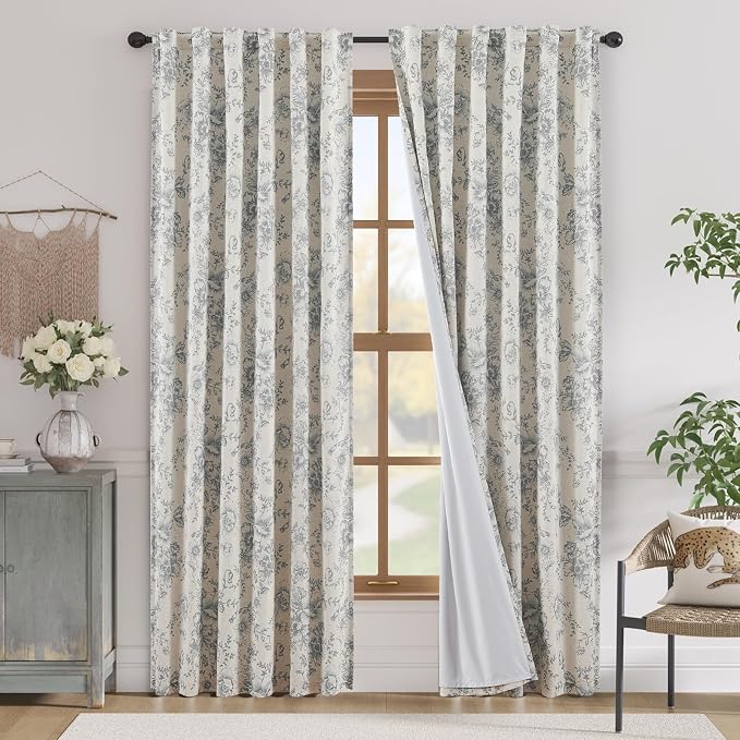 jinchan Grey Floral Linen Blackout Curtains Lined 90 Inch Back Tab 2 Panels | by JINCHAN