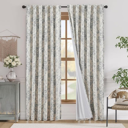 jinchan Grey Floral Linen Blackout Curtains Lined 90 Inch Back Tab 2 Panels | by JINCHAN