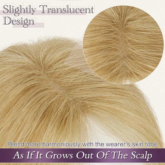 RUWISS Hair Toppers for Women Real Human Hair - Lightweight Clip-in Hair Piece for Thinning Hair, Fluffy Straight Hair Topper without/with Bangs, Golden Blonde Mixed Bleach Blond