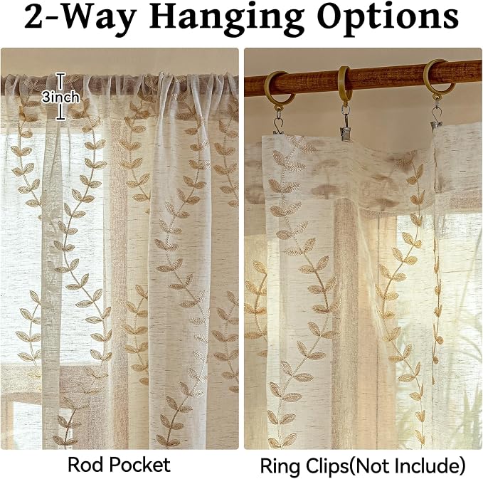 2 Panels Linen Leaf String Floral Embroidered Semi Sheer Curtain Farmhouse - Image 5