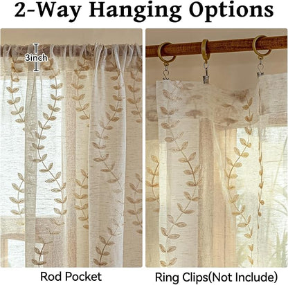 2 Panels Linen Leaf String Floral Embroidered Semi Sheer Curtain Farmhouse - Image 5