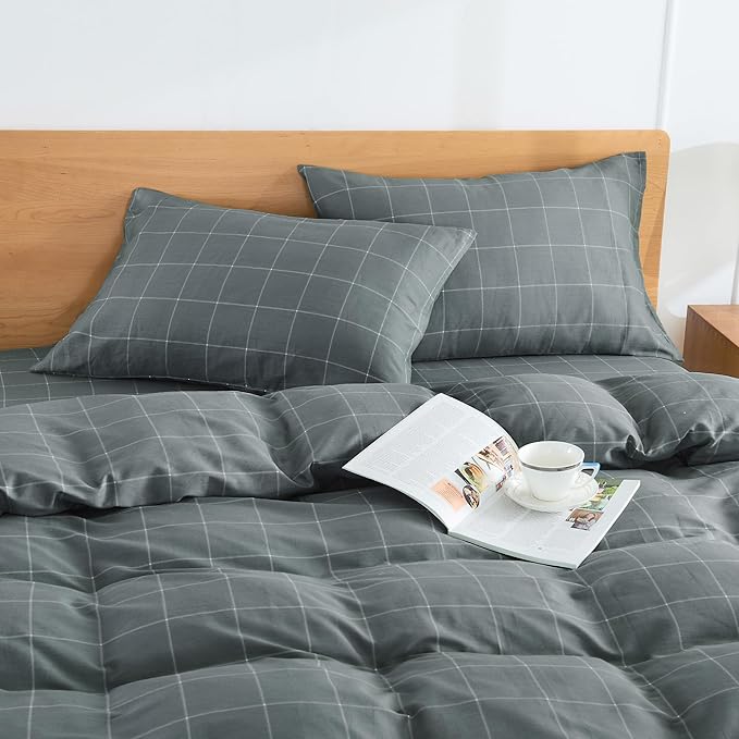 JELLYMONI 100% Natural Cotton Plaid Standard Pillowcases Set, 2 Pack Dark Gray with White Grid Geometric Pattern Printed Pillow Covers with Envelope Closure(Pillows are not Included)