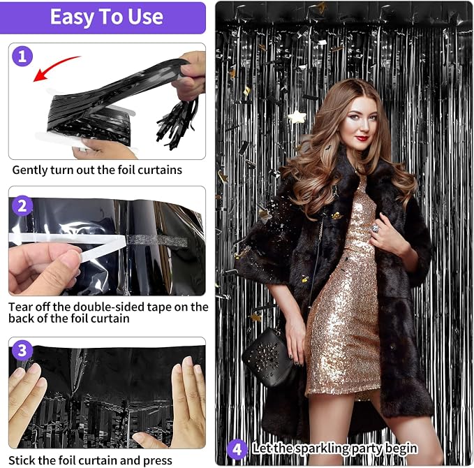 JINSUI Black Tinsel Backdrop 3.3x8.2ft, 2 Pack Foil Fringe Curtains Decor - Image 6