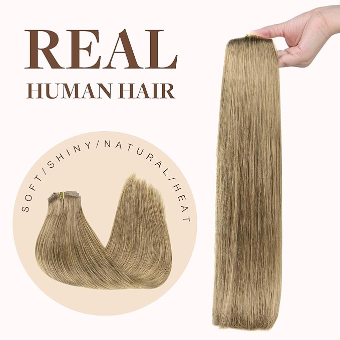 GOO GOO Clip in Hair Extensions Real Human Hair, Remy Human Hair Extensions Clip ins for Women, Natural Human Hair, 16inch 130g 7Pcs, 7 Bronde