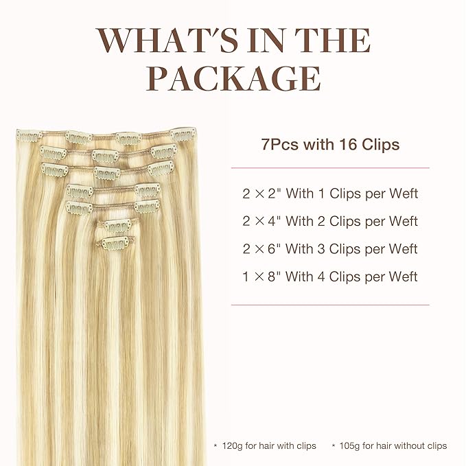 GOO GOO Clip in Hair Extensions Real Human Hair, Remy Human Hair Extensions Clip ins for Women, Natural Human Hair, 18inch 120g 7Pcs, 18D/22F Dirty Blonde Highlights