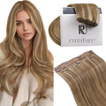 RUNATURE Blonde Human Hair Clip-in Extensions 20 Inch Real Human Hair Dark Blonde Highlight Hair Extensions Remy Hair Extensions Double Weft Full Ends 50g 3pcs