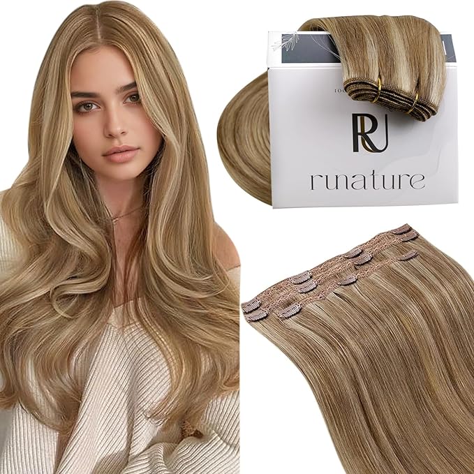 RUNATURE Blonde Human Hair Clip-in Extensions 20 Inch Real Human Hair Dark Blonde Highlight Hair Extensions Remy Hair Extensions Double Weft Full Ends 50g 3pcs