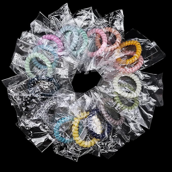 18Pcs Colorful Spiral Hair Ties, Individually Wrapped Coil Hair Tie, No Damage, No Crease, Ponytail Holder for Thick Hair, Waterproof, Hygienic, Portable, Multicolor