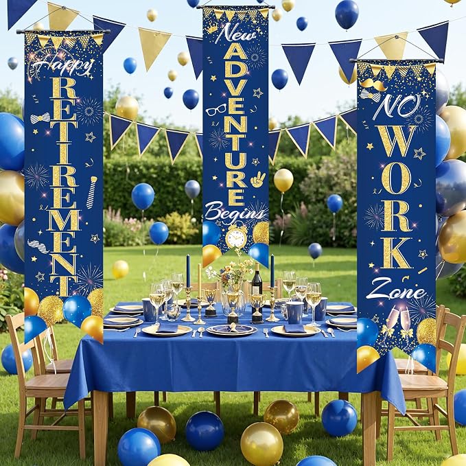 3Pcs Retirement Porch Sign Door Hanging Banner Navy Blue Gold Happy Retirement - Image 4