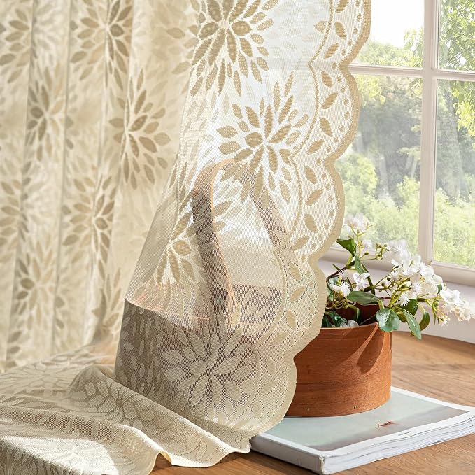 MIULEE Vintage Floral Scalloped Lace Curtains 2 Panels, Semi Sheer Curtains - Image 4