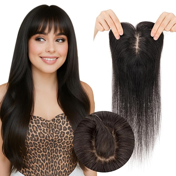 Real Human Hair Toppers for Women 3.54"*4.72" Silky Base 150% Density With Bangs Adjustable Parting Clip-In Topper Hairpieces for Women with Thinning Hair 14 Inches Natural Black
