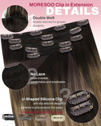 Moresoo Clip in Hair Extensions Ombre Dark Brown to Dark Ash Blonde with Blonde Balayage Hair Extensions Clip in Human Hair Double Weft 5pcs/80g 16inch