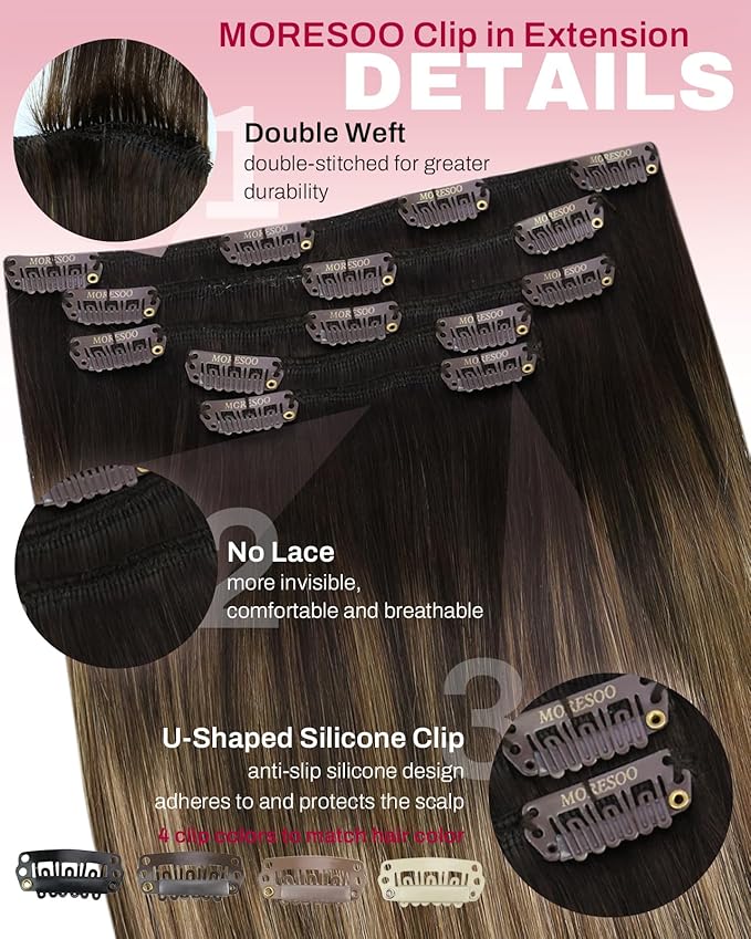 Moresoo Short Hair Extensions Clip ins Balayage Double Weft 12 inch Clip in Hair Extensions Real Human Hair for Women Ombre Dark Brown to Golden Brown with Blonde 5pcs/80g