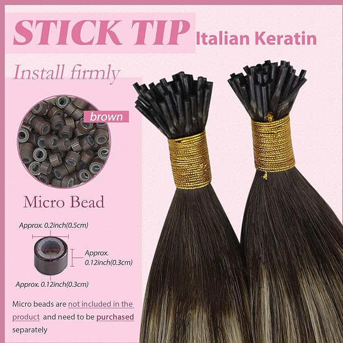 YoungSee I Tips Hair Extensions Real Human Hair Balayage Itip Hair Extensions Human Hair Brown Ombre Dark Brown with Ash Blonde I Tip Extension 20In I-Tip Human Hair Extension 50g 50s