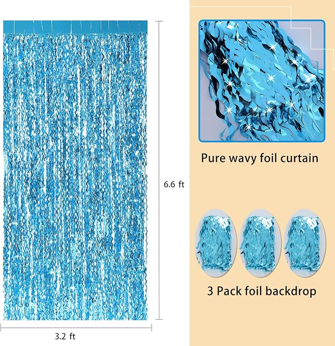 3 Pack Blue Wavy Tinsel Foil Fringe Curtain - Image 3