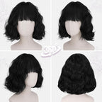 BARSDAR Short Wavy Black Wig with Bangs - Short Black Wavy Wigs for Women - Soft Synthetic Textured Curly Chic French Bob Wig with Face-Framing Bangs Natural Looking Daily Party Halloween