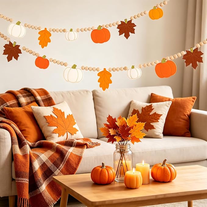 Fall Decorations for Home Felt Pumpkin Garland and Wood Bead Felt Pumpkins - Image 6
