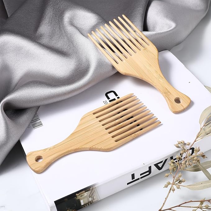 4 Pcs Bamboo Afro Hair Pick Comb Set Natural Anti-Static Picks Wide Tooth Detangling Combs for Men Women with Thick Curly Hair