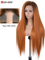 WIGNEE 13x6 Synthetic Lace Front Wig 28" Long Straight Wig Ombre Ginger Synthetic Wigs for Black Women Pre-Plucked Glueless Wig for Daily Party Use