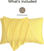 JELLYMONI 100% Natural Cotton Striped Standard Pillowcases Set, 2 Pack Bright Yellow Stripes Pattern Printed Pillow Covers with Envelope Closure(Pillows are not Included)