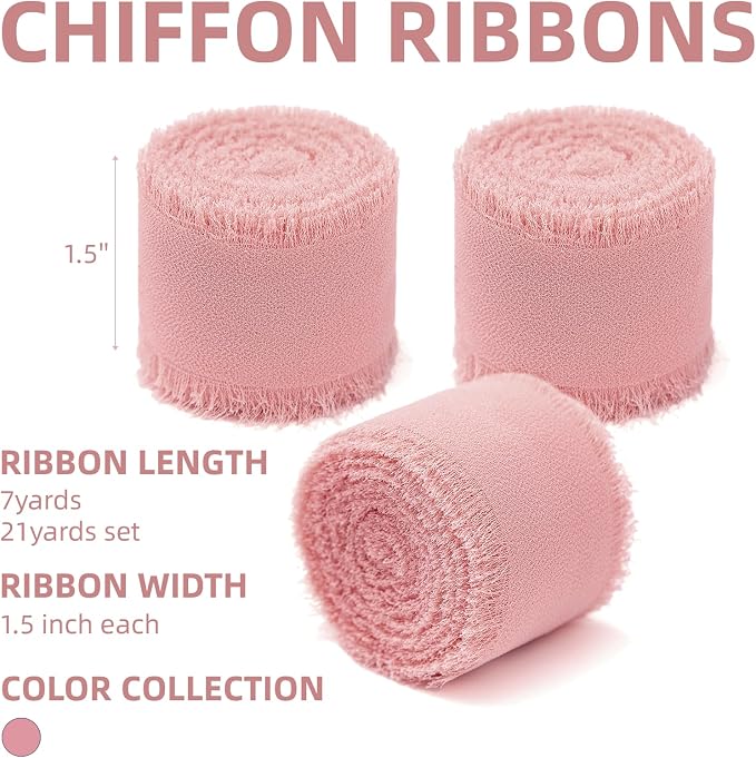 KEOSREE 3 Rolls Blush Pink Handmade Chiffon Ribbon, 1.5" x21Yd | Frayed Fringe - Image 2