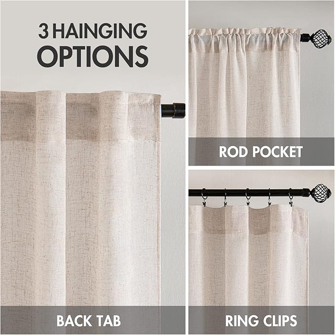 MIULEE Natural White Linen Curtains 64 Inch Length 2 Panels - Image 3