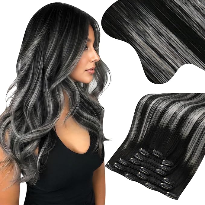 Moresoo Clip in Hair Extensions Ombre Black And Silver Human Hair Extensions Clip ins 24 inch Natural Black to Silver Grey Balayage Double Weft 150g/7pcs Long 24in
