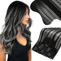 Moresoo Clip in Hair Extensions Ombre Black And Silver Human Hair Extensions Clip ins 24 inch Natural Black to Silver Grey Balayage Double Weft 150g/7pcs Long 24in