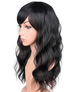 Black Wavy Wig With Brown Highlights For Women - Medium Long Synthetic Wig With Bangs For Daily Use (Black With Brown Highlights)