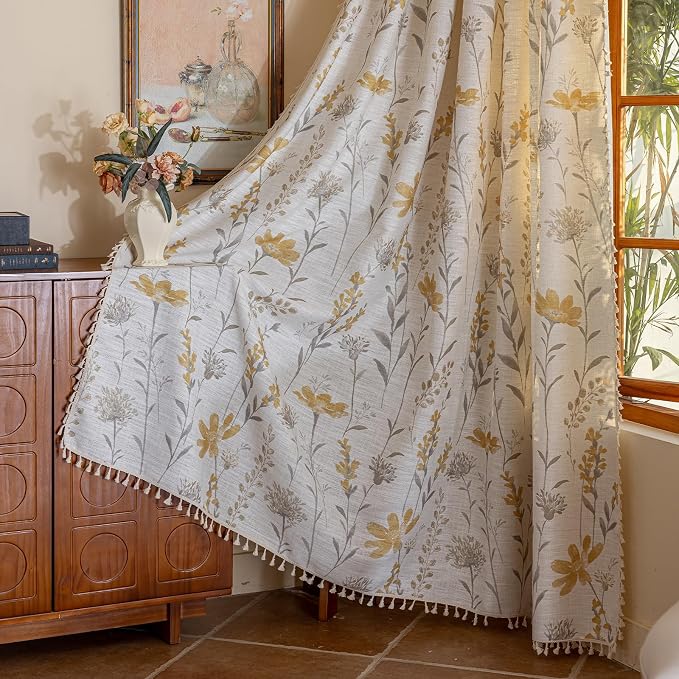 ENJOYBRIDAL Yellow Floral 96 Inch Curtains 2 Panel Set Living Room Long Drapes by ENJOYBRIDAL