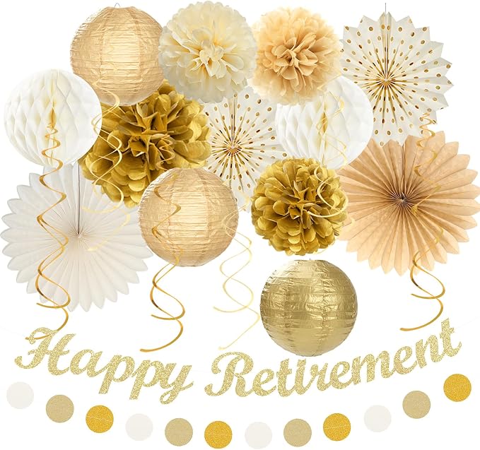 Beige-Gold Happy Retirement Party Decorations Banner Women Men Huglony | 21pcs by Huglony