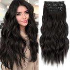 KooKaStyle Clip in Long Wavy Synthetic Hair Extension 20 Inch 4PCS Dark Brown Hairpieces Fiber Thick Double Weft Hair Extension for Women