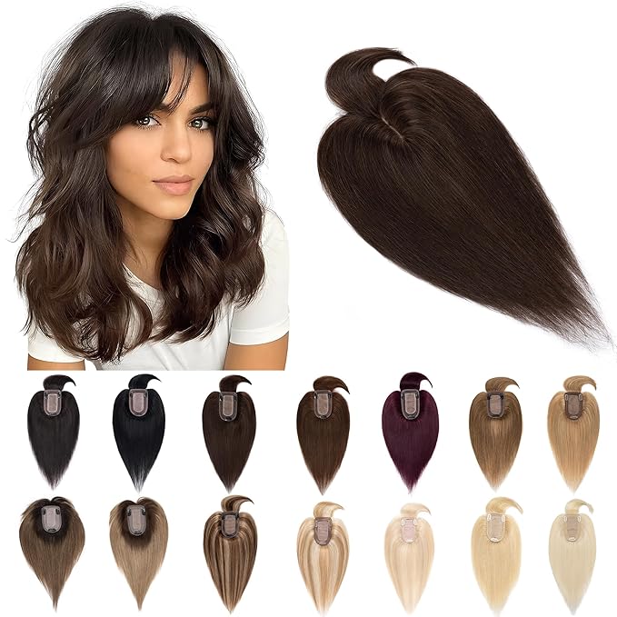 SEGO Hair Toppers for Women Real Human Hair With Bangs, 7 * 13CM Silk Base 100% Remy Human Hair Clip in Top Wiglet Hairpieces Add Volume -10 Inch Dark Brown