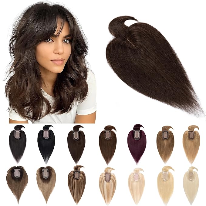 SEGO Hair Toppers for Women Real Human Hair With Bangs, 7 * 13CM Silk Base 100% Remy Human Hair Clip in Top Wiglet Hairpieces Add Volume -18 Inch Dark Brown