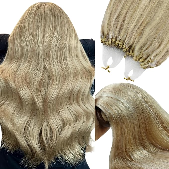 YoungSee Micro Loop Hair Extensions Real Human Hair Blonde Bead Hair Extensions Human Hair Highlight Blonde and Ash Blond Micro Hair Extension 22In 50g Soft Hair Extension for Photo Shoots 50s 50g