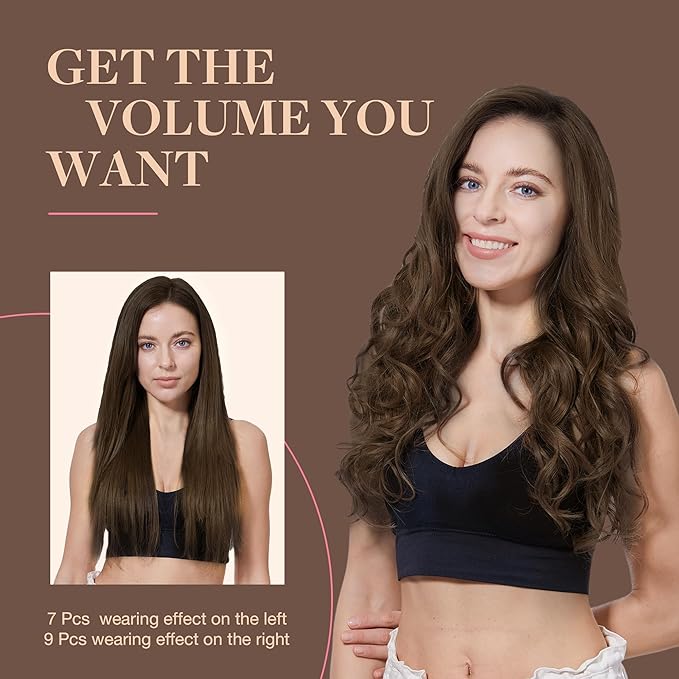 GOO GOO Clip in Hair Extensions Real Human Hair, Remy Human Hair Extensions Clip ins for Women, Natural Human Hair, 20inch 150g 9Pcs, 4A Chocolate Brown