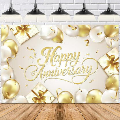 Happy Anniversary Backdrop Banner White Gold Elegant Photography Background by Unknown