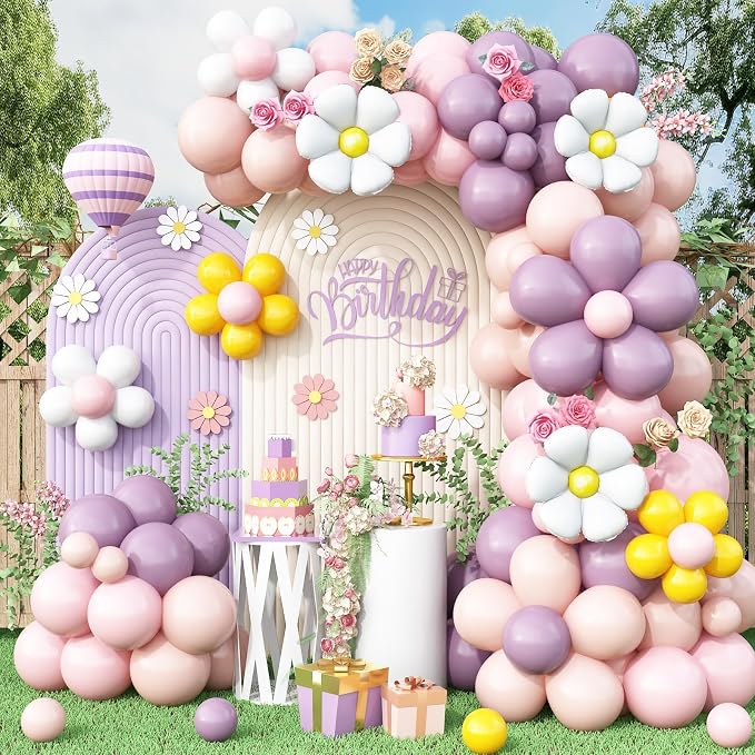 Daisy Balloon Garland Arch Kit, Retro Purple Yellow Pink Hippie Boho Balloons by BTZO