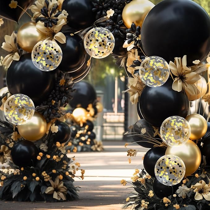 142 Pieces Black and Gold Balloon Garland Arch Kit Black and Gold Confetti - Image 5