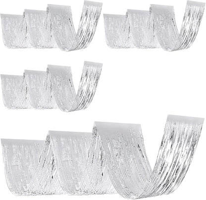 4 Pcs 15ft Silver Metallic Foil Ceiling Fringe Curtains, Party Decor Fringe by Breling